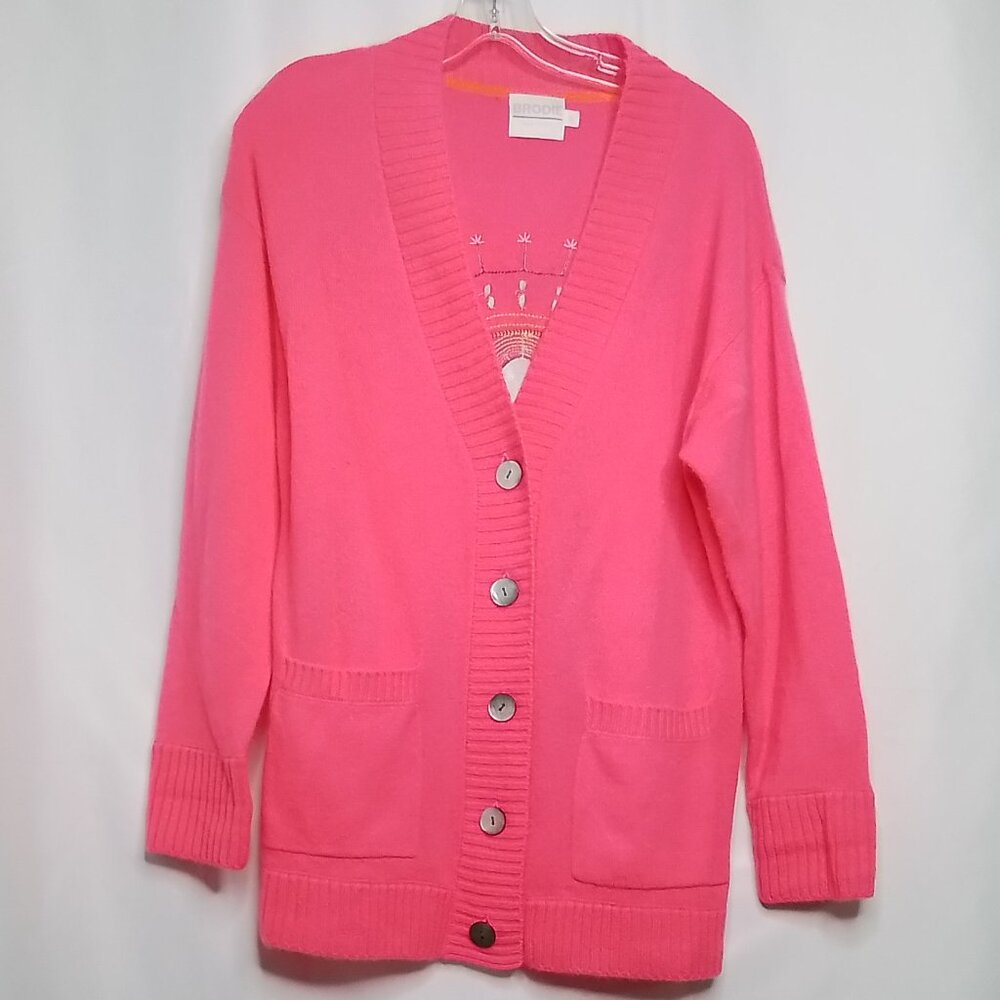 BRODIE 100% CASHMERE PINK EVIL EYE BUTTON DOWN CARDIGAN SIZE XS